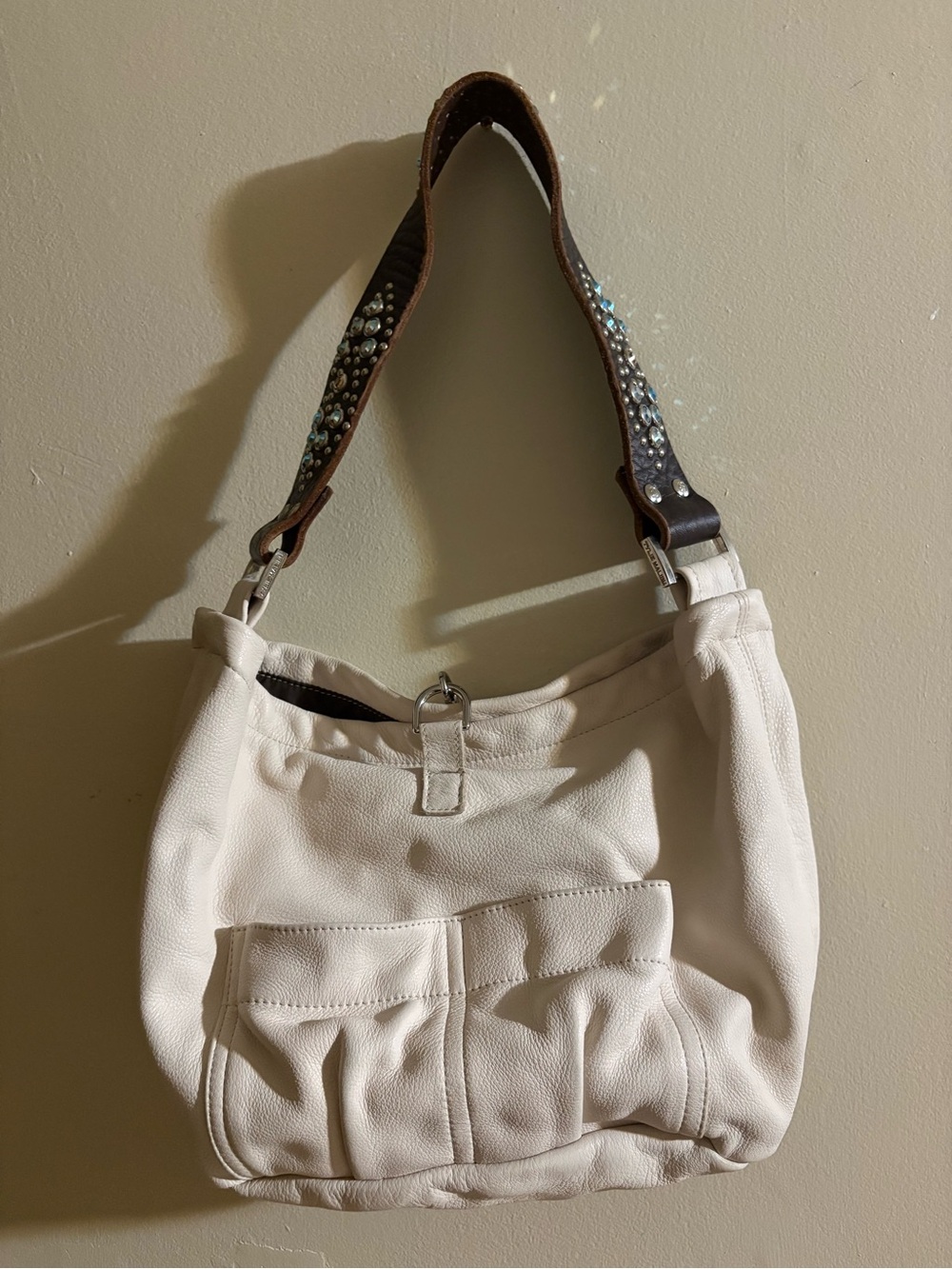 Tylie Malibu Women's Cream Leather Hobo Bag with Embellished Brown Strap